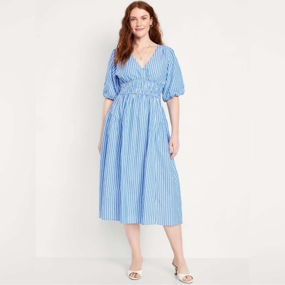 NWT Old Navy Waist-Defined Puff-Sleeve Midi Dress White & Blue - SMALL TALL 🎖️